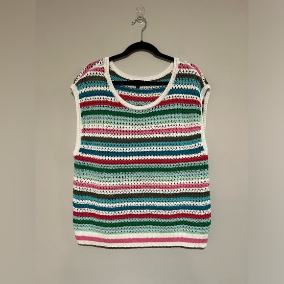 Talbots Multicolor Rainbow Striped Open Knit Sweater Vest Size Large - Picture 1 of 7